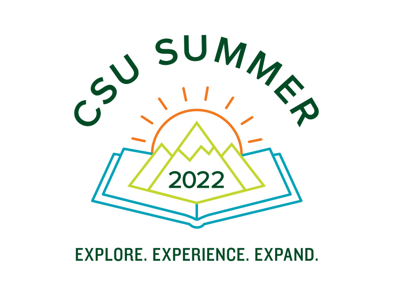 CSU Summer Session 2022 logo: mountains, rising sun. Explore. Experience. Expand.